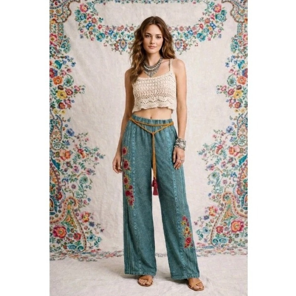 NWT Avani Embroidered Lace Boho Hippie Gypsy Chic Blue Floral Tassel Pants XL